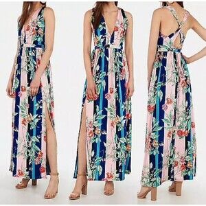 NWT EXPRESS DEEP V TWIST BACK FLORAL STRIPE MAXI DRESS VACATION BEACH Size M NEW